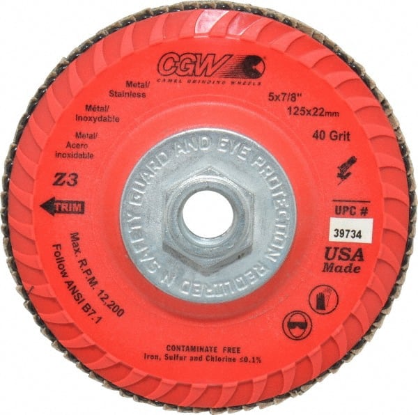 Camel Grinding Wheels - 40 Grit, 5" Disc Diam, 5/8-11 Center Hole, Type 27 Zirconia Alumina Flap Disc - 12,200 Max RPM, Poly Cotton Backing, Arbor Attaching System, Coated - Exact Tooling