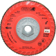 Camel Grinding Wheels - 40 Grit, 5" Disc Diam, 5/8-11 Center Hole, Type 27 Zirconia Alumina Flap Disc - 12,200 Max RPM, Poly Cotton Backing, Arbor Attaching System, Coated - Exact Tooling