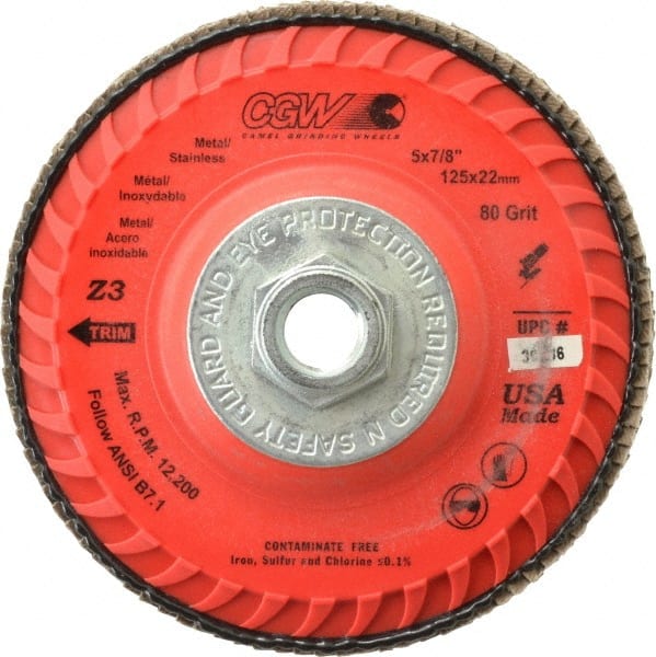 Camel Grinding Wheels - 80 Grit, 5" Disc Diam, 5/8-11 Center Hole, Type 27 Zirconia Alumina Flap Disc - 12,200 Max RPM, Poly Cotton Backing, Arbor Attaching System, Coated - Exact Tooling