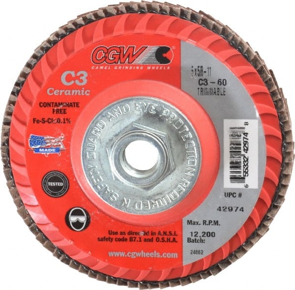 Camel Grinding Wheels - 60 Grit, 5" Disc Diam, 5/8-11 Center Hole, Type 27 Ceramic Flap Disc - 12,200 Max RPM, Polyester Backing, Arbor Attaching System, Coated - Exact Tooling