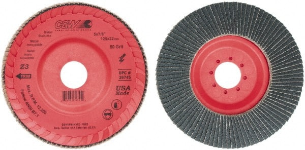 Camel Grinding Wheels - 80 Grit, 5" Disc Diam, 7/8" Center Hole, Type 27 Zirconia Alumina Flap Disc - 12,200 Max RPM, Poly Cotton Backing, Arbor Attaching System, Coated - Exact Tooling