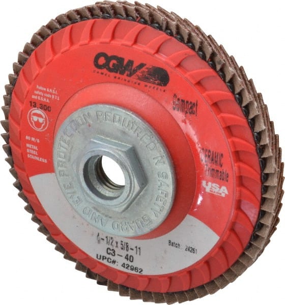 Camel Grinding Wheels - 40 Grit, 4-1/2" Disc Diam, 5/8-11 Center Hole, Type 27 Ceramic Flap Disc - 13,300 Max RPM, Polyester Backing, Arbor Attaching System, Coated - Exact Tooling