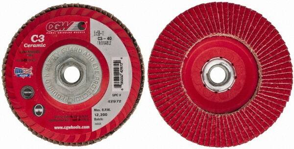 Camel Grinding Wheels - 40 Grit, 5" Disc Diam, 5/8-11 Center Hole, Type 27 Ceramic Flap Disc - 12,200 Max RPM, Polyester Backing, Arbor Attaching System, Coated - Exact Tooling