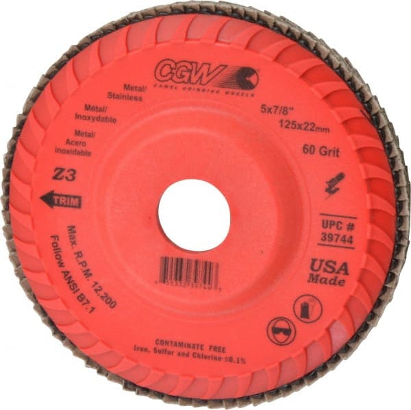 Camel Grinding Wheels - 60 Grit, 5" Disc Diam, 7/8" Center Hole, Type 27 Zirconia Alumina Flap Disc - 12,200 Max RPM, Poly Cotton Backing, Arbor Attaching System, Coated - Exact Tooling
