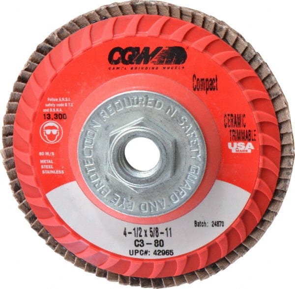 Camel Grinding Wheels - 80 Grit, 4-1/2" Disc Diam, 5/8-11 Center Hole, Type 27 Ceramic Flap Disc - 13,300 Max RPM, Polyester Backing, Arbor Attaching System, Coated - Exact Tooling