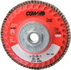 Camel Grinding Wheels - 80 Grit, 4-1/2" Disc Diam, 5/8-11 Center Hole, Type 27 Ceramic Flap Disc - 13,300 Max RPM, Polyester Backing, Arbor Attaching System, Coated - Exact Tooling