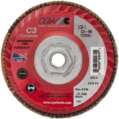 Camel Grinding Wheels - 80 Grit, 5" Disc Diam, 5/8-11 Center Hole, Type 27 Ceramic Flap Disc - 12,200 Max RPM, Polyester Backing, Arbor Attaching System, Coated - Exact Tooling