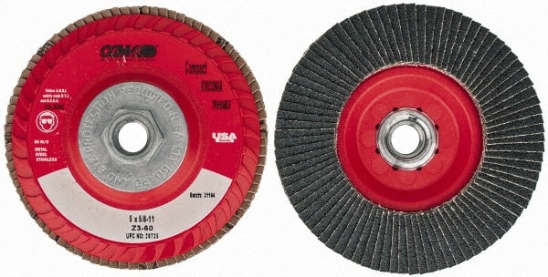 Camel Grinding Wheels - 60 Grit, 5" Disc Diam, 5/8-11 Center Hole, Type 27 Zirconia Alumina Flap Disc - 12,200 Max RPM, Poly Cotton Backing, Arbor Attaching System, Coated - Exact Tooling