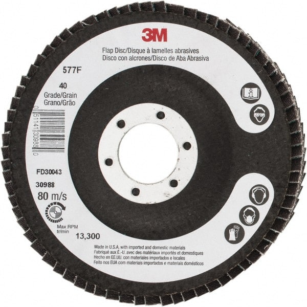 3M - 40 Grit, 4-1/2" Disc Diam, 7/8" Center Hole, Type 29 Zirconia Alumina Flap Disc - 13,300 Max RPM, Cloth Backing, Arbor Attaching System, Coated - Exact Tooling