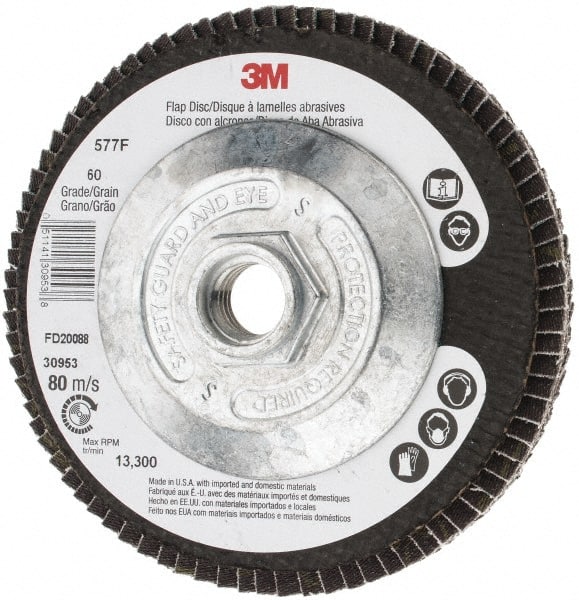 3M - 60 Grit, 4-1/2" Disc Diam, 5/8-11 Center Hole, Type 27 Zirconia Alumina Flap Disc - 13,300 Max RPM, Cloth Backing, Arbor Attaching System, Coated - Exact Tooling