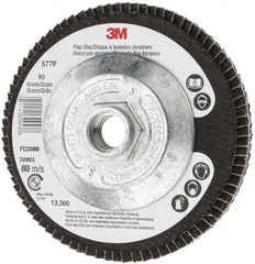 3M - 60 Grit, 4-1/2" Disc Diam, 5/8-11 Center Hole, Type 27 Zirconia Alumina Flap Disc - 13,300 Max RPM, Cloth Backing, Arbor Attaching System, Coated - Exact Tooling