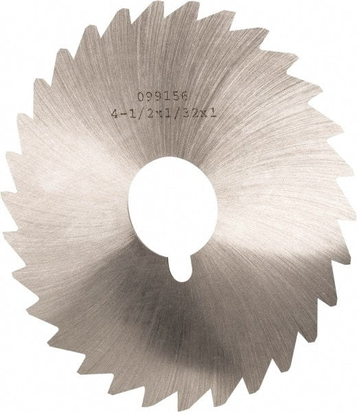 Made in USA - 4-1/2" Diam x 1/32" Blade Thickness x 1" Arbor Hole Diam, 36 Tooth Slitting and Slotting Saw - Arbor Connection, Right Hand, Uncoated, High Speed Steel, Concave Ground, Contains Keyway - Exact Tooling