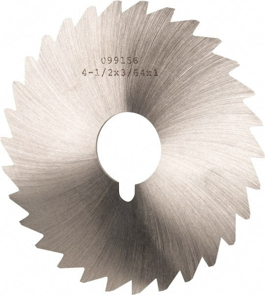 Made in USA - 4-1/2" Diam x 3/64" Blade Thickness x 1" Arbor Hole Diam, 36 Tooth Slitting and Slotting Saw - Arbor Connection, Right Hand, Uncoated, High Speed Steel, Concave Ground, Contains Keyway - Exact Tooling
