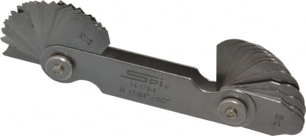 SPI - 32 Piece, 17/64 to 1/2 Inch Radius, Stainless Steel Radius Gage Set - Style B, 1/64 Inch Graduation - Exact Tooling