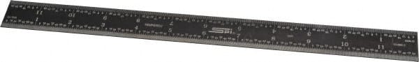 SPI - 12" Long, 1/100, 1/64, 1/50, 1/32" Graduation, Rigid Steel Rule - 16R Graduation Style, 1" Wide, Black, Black Chrome Finish - Exact Tooling