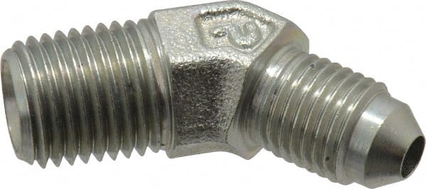Parker - 1/4" Tube OD, 37° Steel Flared Tube Male 45° Elbow - 1/4 NPTF, Flare x MNPTF Ends - Exact Tooling