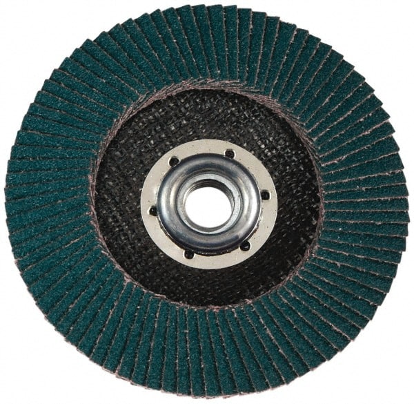 3M - 120 Grit, 7" Disc Diam, 5/8-11 Center Hole, Type 27 Zirconia Alumina Flap Disc - Cloth Backing, Arbor Attaching System, Coated - Exact Tooling