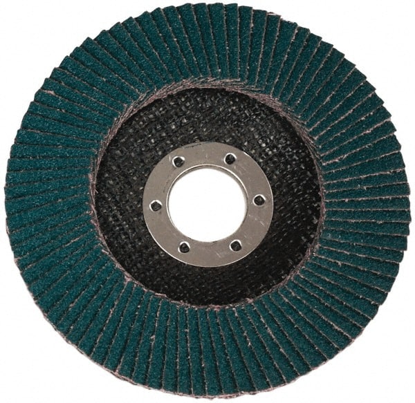 3M - 80 Grit, 4-1/2" Disc Diam, 7/8" Center Hole, Type 27 Zirconia Alumina Flap Disc - 13,300 Max RPM, Cloth Backing, Arbor Attaching System, Coated - Exact Tooling
