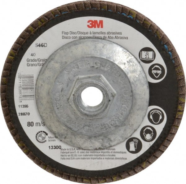 3M - 40 Grit, 4-1/2" Disc Diam, 5/8-11 Center Hole, Type 29 Zirconia Alumina Flap Disc - Cloth Backing, Arbor Attaching System, Coated - Exact Tooling