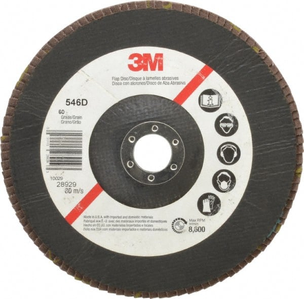 3M - 60 Grit, 7" Disc Diam, 7/8" Center Hole, Type 29 Zirconia Alumina Flap Disc - Cloth Backing, Arbor Attaching System, Coated - Exact Tooling