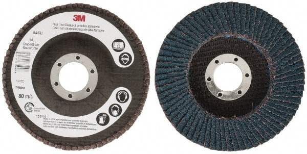 3M - 40 Grit, 4-1/2" Disc Diam, 7/8" Center Hole, Type 27 Zirconia Alumina Flap Disc - 13,300 Max RPM, Cloth Backing, Arbor Attaching System, Coated - Exact Tooling