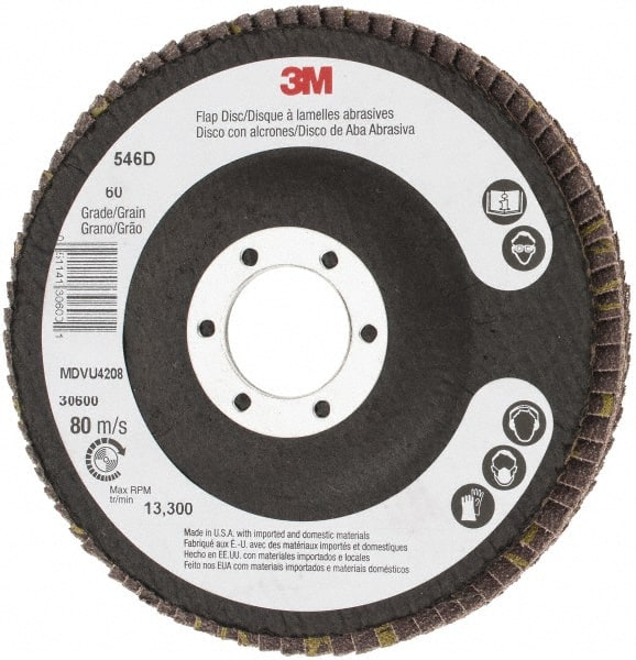 3M - 60 Grit, 4-1/2" Disc Diam, 7/8" Center Hole, Type 27 Zirconia Alumina Flap Disc - 13,300 Max RPM, Cloth Backing, Arbor Attaching System, Coated - Exact Tooling