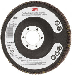 3M - 60 Grit, 4-1/2" Disc Diam, 7/8" Center Hole, Type 27 Zirconia Alumina Flap Disc - 13,300 Max RPM, Cloth Backing, Arbor Attaching System, Coated - Exact Tooling