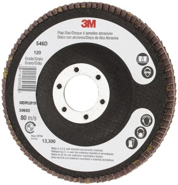3M - 120 Grit, 4-1/2" Disc Diam, 7/8" Center Hole, Type 27 Zirconia Alumina Flap Disc - Cloth Backing, Arbor Attaching System, Coated - Exact Tooling