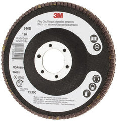 3M - 120 Grit, 4-1/2" Disc Diam, 7/8" Center Hole, Type 27 Zirconia Alumina Flap Disc - Cloth Backing, Arbor Attaching System, Coated - Exact Tooling