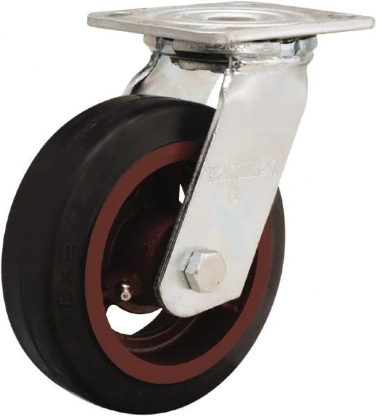 Hamilton - 6" Diam x 2" Wide x 7-1/2" OAH Top Plate Mount Swivel Caster - Rubber Mold on Cast Iron, 410 Lb Capacity, Straight Roller Bearing, 4 x 4-1/2" Plate - Exact Tooling