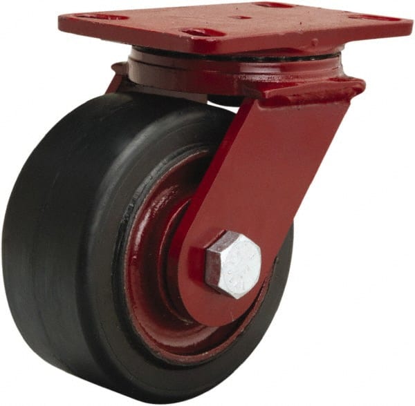 Hamilton - 6" Diam x 3" Wide x 7-1/2" OAH Top Plate Mount Swivel Caster - Rubber Mold on Cast Iron, 680 Lb Capacity, Straight Roller Bearing, 4-1/2 x 6-1/2" Plate - Exact Tooling