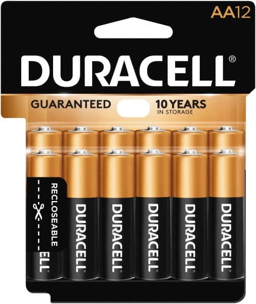 Duracell - Size AA, Alkaline, 12 Pack, Standard Battery - 1.5 Volts, Button Tab Terminal - Exact Tooling