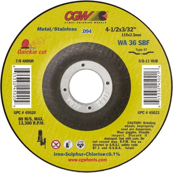Camel Grinding Wheels - 7" 36 Grit Aluminum Oxide Cutoff Wheel - 3/32" Thick, 7/8" Arbor, 8,500 Max RPM - Exact Tooling