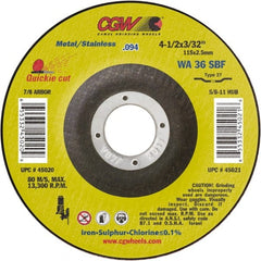 Camel Grinding Wheels - 36 Grit, 6" Wheel Diam, 3/32" Wheel Thickness, 7/8" Arbor Hole, Type 27 Depressed Center Wheel - Medium Grade, Aluminum Oxide, Resinoid Bond, 10,200 Max RPM - Exact Tooling