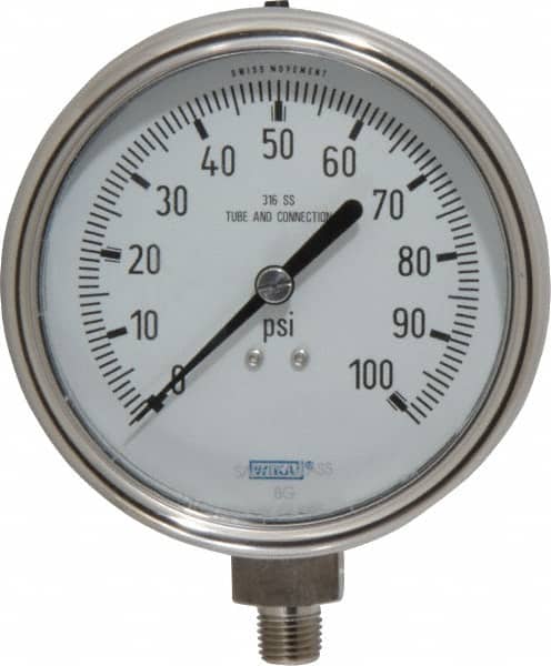 Wika - 4" Dial, 1/4 Thread, 0-100 Scale Range, Pressure Gauge - Lower Connection Mount, Accurate to 1% of Scale - Exact Tooling