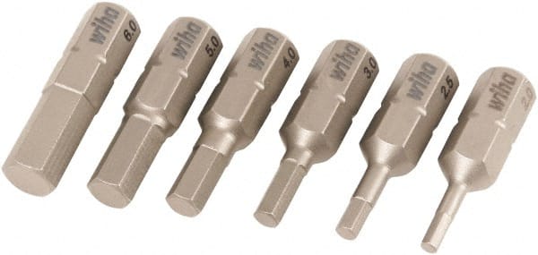 Wiha - 6 Piece, 1/4" Drive Screwdriver Insert Bit Set - 2 to 6mm Hex - Exact Tooling