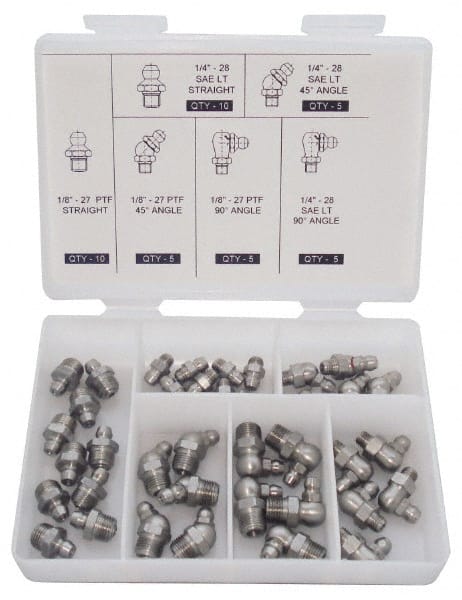 PRO-LUBE - 40 Piece, Inch, Box Plastic Stainless Steel Grease Fitting Set - Includes PTF, UNF Thread Types, Includes 1/4-28 SAE-LT: (10) Straight, (5) 45°, (5) 90°, 1/8-27 PTF: (10) Straight, (5) 45°, (5) 90° - Exact Tooling