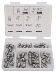 PRO-LUBE - 40 Piece, Inch, Box Plastic Stainless Steel Grease Fitting Set - Includes PTF, UNF Thread Types, Includes 1/4-28 SAE-LT: (10) Straight, (5) 45°, (5) 90°, 1/8-27 PTF: (10) Straight, (5) 45°, (5) 90° - Exact Tooling