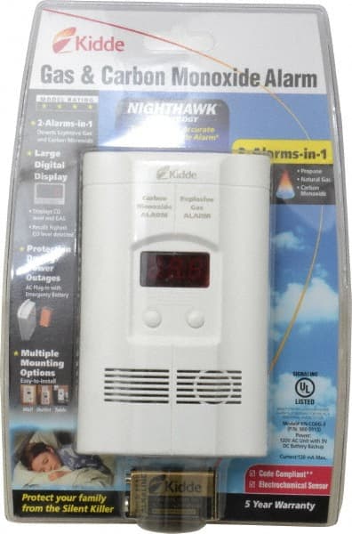 Kidde - 6.1 Inch Long x 3.8 Inch Wide, AC Plug In 120 Volt Carbon Monoxide and Explosive Gas Alarm - 85 dB Decibel Rating, 9V Battery Included, Indicating Light - Exact Tooling