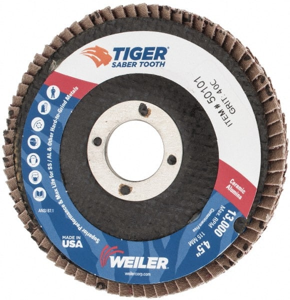 Weiler - 40 Grit, 4-1/2" Disc Diam, 7/8" Center Hole, Type 29 Ceramic Flap Disc - 13,000 Max RPM, Phenolic Backing, Arbor Attaching System, Coated - Exact Tooling
