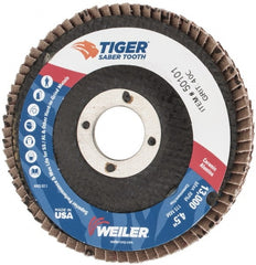 Weiler - 40 Grit, 4-1/2" Disc Diam, 7/8" Center Hole, Type 29 Ceramic Flap Disc - 13,000 Max RPM, Phenolic Backing, Arbor Attaching System, Coated - Exact Tooling