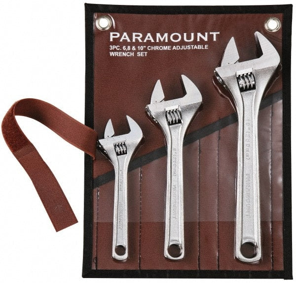 Paramount - 3 Piece, 6" to 10", Adjustable Wrench Set - Inch Measurement Standard, Chrome Finish, Comes in Canvas Roll - Exact Tooling