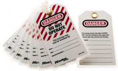 Master Lock - 3-1/8" High x 5-3/4" Long, DANGER - DO NOT OPERATE - THIS LOCK/TAG MAY ONLY BE REMOVED BY:, English Safety & Facility Lockout Tag - Tag Header: Danger, 2 Sides, Black, Red & White Laminated Polyester - Exact Tooling