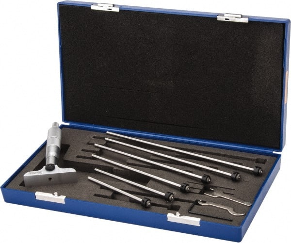 Fowler - 0 to 6" Range, 6 Rod, Mechanical Depth Micrometer - Ratchet Stop Thimble, 2-1/2" Base Length, 0.001" Graduation, 11/64" Rod Diam - Exact Tooling