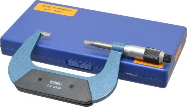 Fowler - 2" to 3" Mechanical Baked Enamel (Frame) & Satin Chrome (Graduations) Coated Blade Micrometer - 0.0002" Accuracy, 0.0001" Graduation, 0.03" Blade Thickness, Ratchet Stop Thimble - Exact Tooling
