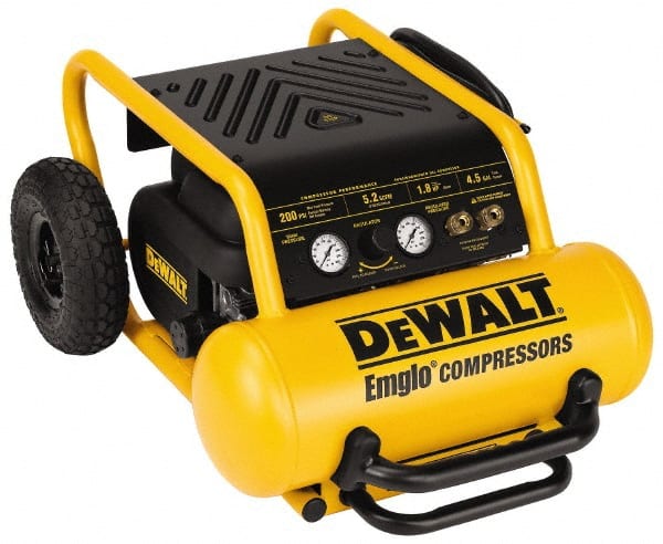DeWALT - 1.8 HP, 5.2 CFM Wheeled Electric Oil Free Compressor - 4.5 Gallon Tank, 15 Amp, 200 Max psi, 120V - Exact Tooling