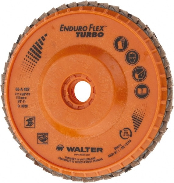 WALTER Surface Technologies - 36 Grit, 4-1/2" Disc Diam, 5/8-11 Center Hole, Type 29 Ceramic Flap Disc - 13,300 Max RPM, Plastic Backing, Arbor Attaching System, Coated - Exact Tooling