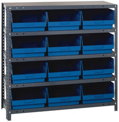Quantum Storage - 12 Bin Store-More Shelf Bin System - 36 Inch Overall Width x 12 Inch Overall Depth x 39 Inch Overall Height, Blue Polypropylene Bins - Exact Tooling