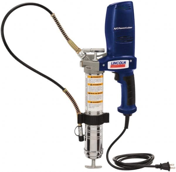 Lincoln - 7,000 Max psi, Flexible Electric Grease Gun - 14-1 & 2 oz (Cartridge) & 16 oz (Bulk) Capacity, 1/8 Thread Outlet, Bulk & Cartridge Fill, Includes 6" Power Card, Compact Carrying Case, Coupler & Valves - Exact Tooling