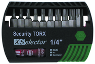 10 Piece - T7s; T8s; T9s; Ts10s; Ts15s; T20s; T25s; T27s; T30s; T40s - Quick Release Holder - Security Torx Insert Bit Set in XSelector Storage Box - Exact Tooling